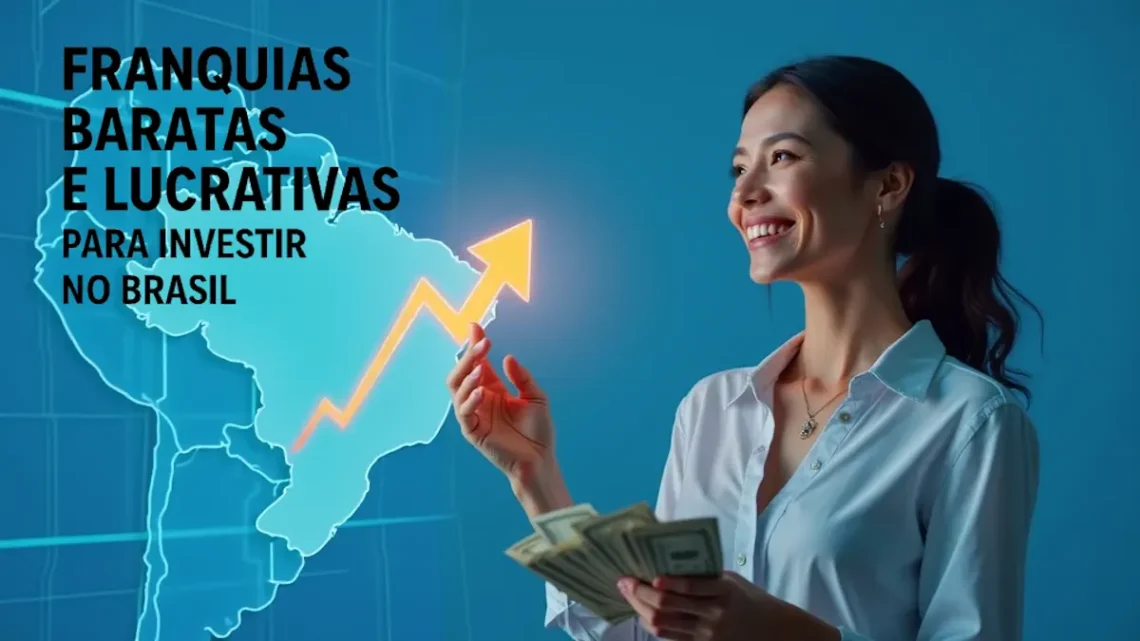 Arte digital com fundo azul, grade translúcida e mapa do Brasil em contorno suave. À direita, uma mulher sorridente segura um maço de dinheiro, enquanto à esquerda um gráfico transparente com seta laranja ascendente simboliza crescimento e sucesso financeiro."